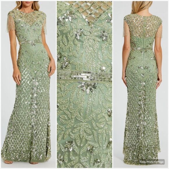 MAC DUGGAL 4908 Green High Neck Sleeveless Beaded Fringe Fitted Gown 4 - Picture 1 of 12